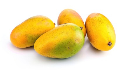 Four ripe mangoes on a white background. Tropical fruit and healthy food concept.