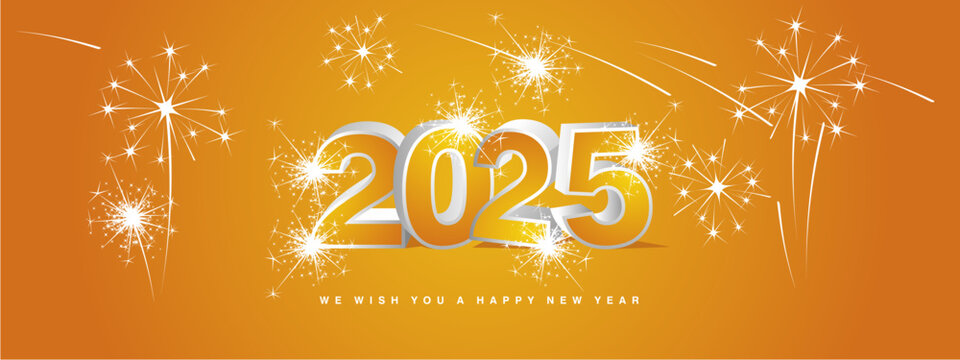 We wish you Happy New Year 2025. New modern 3d concept design. Orange yellow white silver 3D 2025 with shadows and stars sparkling fireworks on orange background