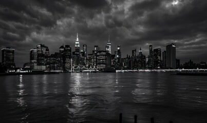 Black and white panoramic view of New York City skyline at night. Urban and architecture concept.