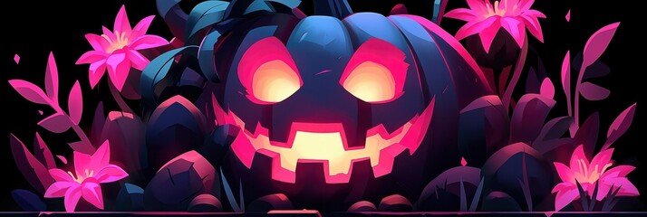 Obraz premium Spooky Halloween Pumpkin with Glowing Eyes and Grin in a Forest of Pink Flowers