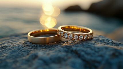 close-up shot of two gold wedding rings resting on textured fabric, symbolizing eternal love, commitment, and the sacred bond of marriage, highlighting the timeless significance of union