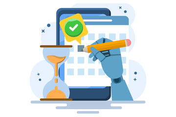 Schedule planning concept. Flat vector illustration banner. Job tasks, checklist filling, schedule making. To-do list. Business and organization concept. Flat vector illustration on background.