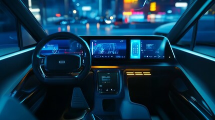 Cockpit of the autonomous car concept. Driverless car. Self-driving vehicle. UGV