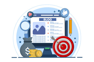 Blog article creation concept, content creation, blog monetization, make money online. Freelance web article writing, can be used for web banners, landing pages, mobile apps, infographics.
