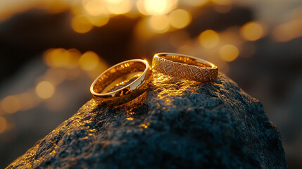 close-up shot of two gold wedding rings resting on textured fabric, symbolizing eternal love, commitment, and the sacred bond of marriage, highlighting the timeless significance of union