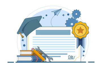 Concept of vocational specialist and diploma graduates with graduation caps. Vocational education, trade school, professional learning, online vocational education concept. Flat vector illustration.