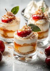 Layered Dessert with Cream, Caramel, and Cherries