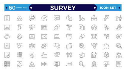 Survey icon set. Containing feedback, opinions, questionnaires, polls, research, data collection, review, and satisfaction icons. Editable stroke outline icon.
