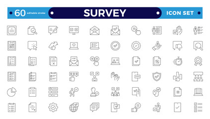 Survey icon set. Containing feedback, opinions, questionnaires, polls, research, data collection, review, and satisfaction icons. Editable stroke outline icon.
