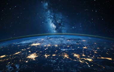 View of Earth from space with city lights and the Milky Way galaxy. Astronomy and science concept.