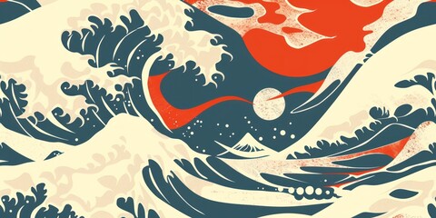 Abstract Japanese-style wave pattern with red sun and mountain elements. Traditional Asian art concept for design.