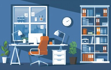 Flat design of a cozy home office with desk, computer, and bookshelf. Organized and functional workspace illustration.