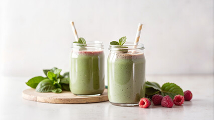 Two jars of green smoothies with raspberries and mint on a light background

