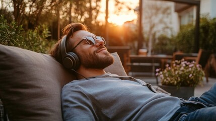 A young man wearing headphones smiles gently while reclining on a comfortable outdoor sofa. The sun sets in the background, casting a warm glow as he enjoys his music in a serene garden setting.