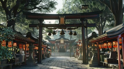 Traditional Japanese shrine entrance with lanterns and surrounding trees. Cultural and historical concept.