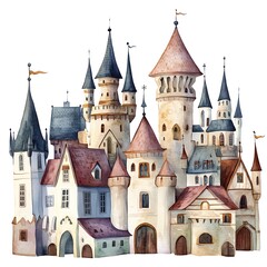 Fototapeta premium Watercolor Illustration of a Charming Medieval Castle with Multiple Towers and Steeples.