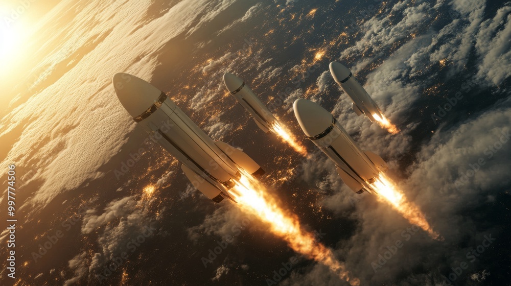Poster four rockets ascend into the evening sky, leaving fiery trails as they break free from earth's atmos