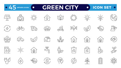 Green city Outline icons collection. UI icon set in a flat design. Includes Sustainability, Solar Panel, Recycling, Green City, vector illustration. Editable stroke outline icon.
