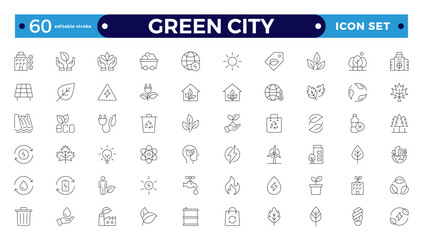 Green city Outline icons collection. UI icon set in a flat design. Includes Sustainability, Solar Panel, Recycling, Green City, vector illustration. Editable stroke outline icon.
