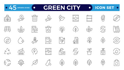 Green city Outline icons collection. UI icon set in a flat design. Includes Sustainability, Solar Panel, Recycling, Green City, vector illustration. Editable stroke outline icon.
