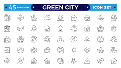 Green city Outline icons collection. UI icon set in a flat design. Includes Sustainability, Solar Panel, Recycling, Green City, vector illustration. Editable stroke outline icon.
