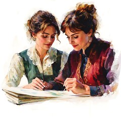 Two Women Painting Together in Watercolor Style.