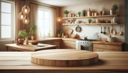 Empty wooden countertop on a kitchen blur background. Wood tabletop for product presentation.