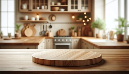 Empty wooden countertop on a kitchen blur background. Wood tabletop for product presentation.