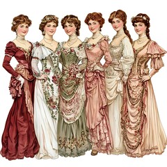 Fototapeta premium Six Victorian Ladies in Elegant Dresses.
