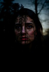 A portrait of a woman in a double exposure with a forest silhouette.