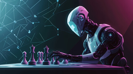 Fototapeta premium Using ai robot intelligence artificial technology smart chess playing virtual human cyborg industrial revolution innovation. Cyborg Revolution. Illustration