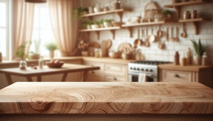 Empty wooden countertop on a kitchen blur background. Wood tabletop for product presentation.