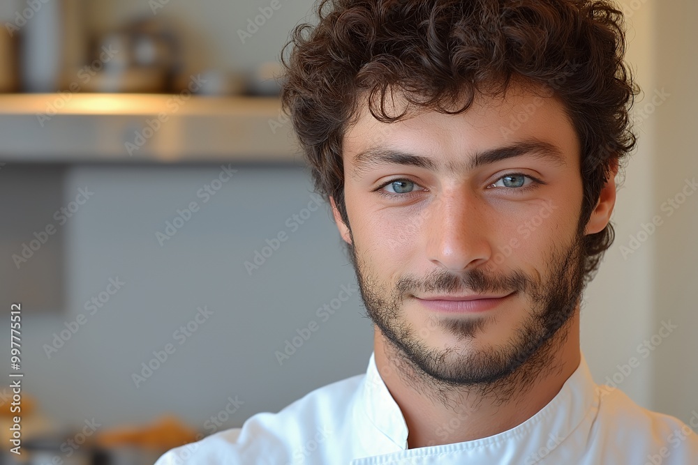 Canvas Prints Close-up portrait of a young man with curly hair and a beard, smiling gently. He is wearing a white chef's jacket.