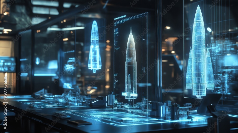 Aufkleber a control room with a sleek, futuristic design features holographic displays of rockets. the rockets