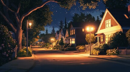 Fototapeta premium Nighttime scene of a quiet neighborhood street with houses softly illuminated by warm streetlights creating a peaceful atmosphere