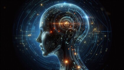 Obraz premium profile of a artificial intelligence computer head with glowing lines