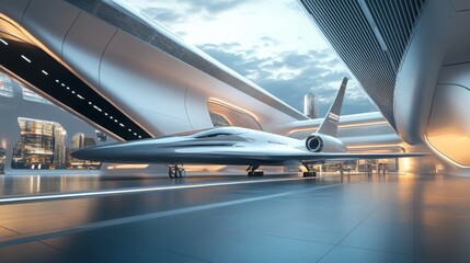 A stunning view of a modern airport terminal features a sleek supersonic aircraft poised for departure. The futuristic architecture complements the striking design of the jet as daylight fades.
