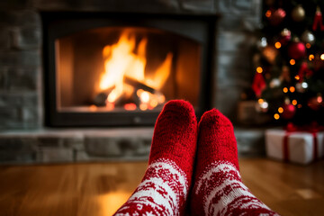 Feet In Woolen Socks Lie Next To A Fireplace, A Cozy And Intimate Snapshot Of Holiday Togetherness