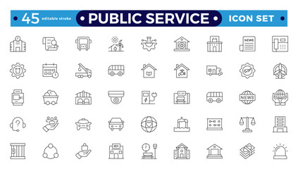 Public service Outline icon collection set. Containing policy, needs, community, government employee, public finance, interest, volunteer, Gas, electricity, and water. Editable stroke outline icon.
