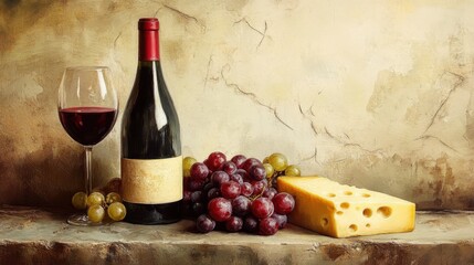 Detailed artistic depiction of a bottle of wine with cheese and grapes laid out in a vintage still-life style