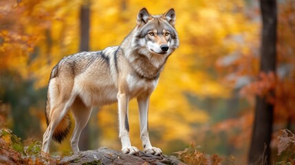 Obraz premium Close-up view of a gray wolf standing confidently in a natural wilderness background blending into the forest scenery