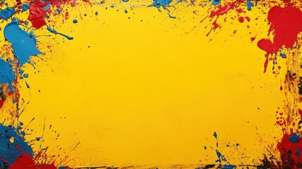 Fototapeta premium Retro-styled border design with bright splashes of paint framing a bold yellow center perfect for creative compositions