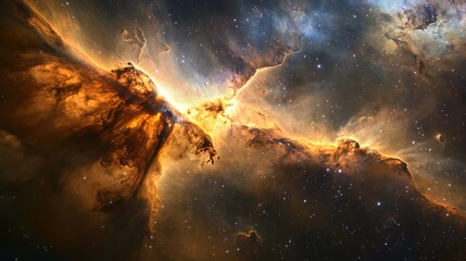 Fototapeta premium A cosmic landscape of swirling gas and dust clouds with scattered stars.