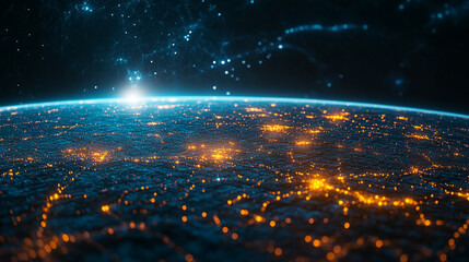 futuristic digital landscape showcasing global connectivity. Streams of binary code and interconnected lines symbolize the flow of information, data exchange, and modern communication across the world