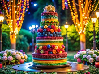 Naklejka premium A breathtaking 1000-layer cake adorned with vibrant frosting and intricate toppings, perfect for making any special
