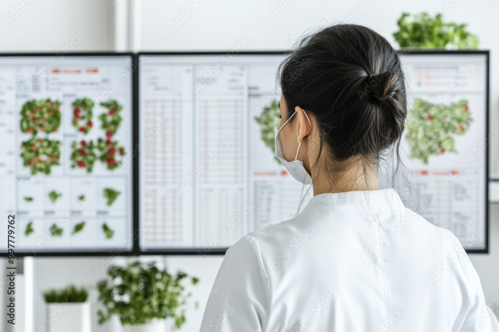 Aufkleber south asian female nutritionist analyzing diet data on multiple screens in high-tech office, afterno