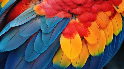 Obraz premium A close-up image of the vibrant plumage of a colorful bird, showcasing its intricate and radiant feathers