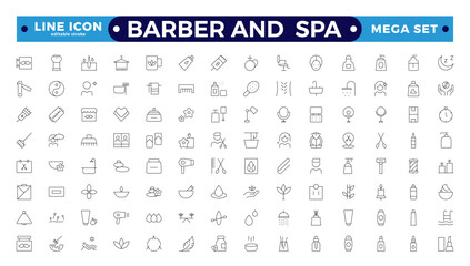 Barber and spa icons in line style. Pixel perfect, minimalistic web and UI icon. Containing sauna, aromatherapy, treatment, yoga, skincare and wellness icons. Editable stroke outline icon.
