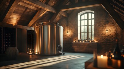 Shiny stainless steel wine fermentation tank, contrasted against aged wooden beams, soft shadows and warm candlelight, Steampunk, Illustration