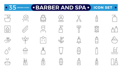 Barber and spa icons in line style. Pixel perfect, minimalistic web and UI icon. Containing sauna, aromatherapy, treatment, yoga, skincare and wellness icons. Editable stroke outline icon.
